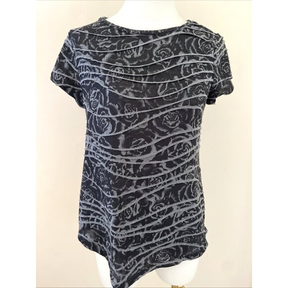 Vera Wang Dark Floral Top Women's Small Black Pleated Textured Whimsigoth Vamp - Picture 1 of 10